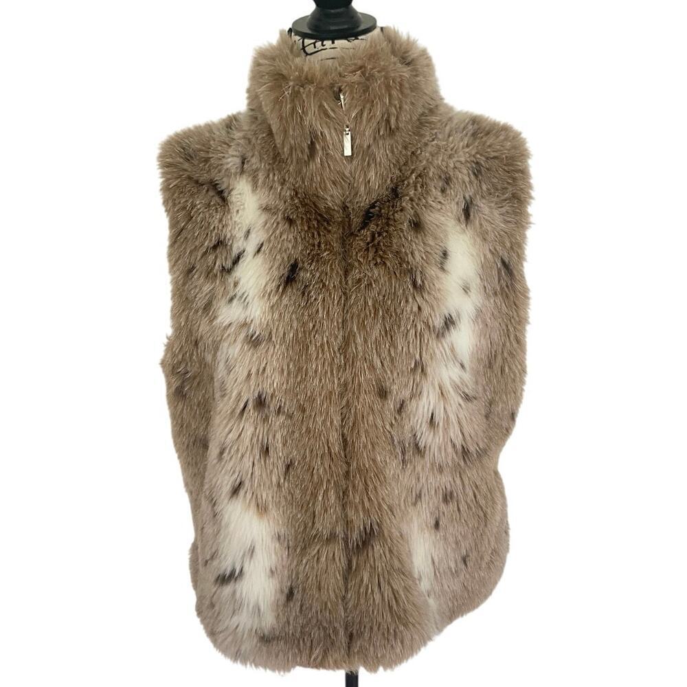 DRESSBARN VEST FAUX FUR SZ L LYNX FUR LEISUREWEAR GRUNGE COZY MOB‎ WIFE CORE